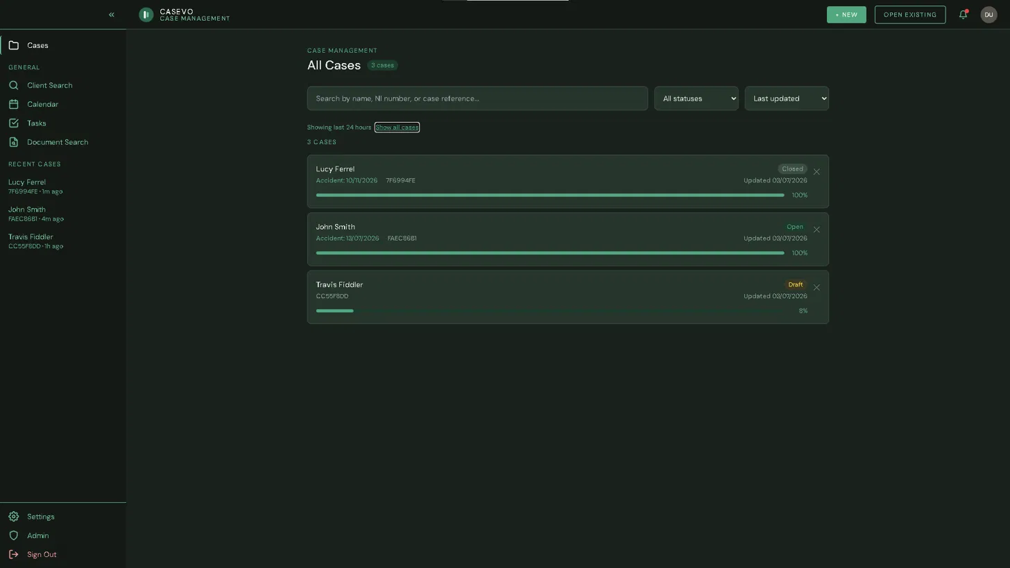 The Casevo workspace — the All Cases list, each matter showing its status and progress
